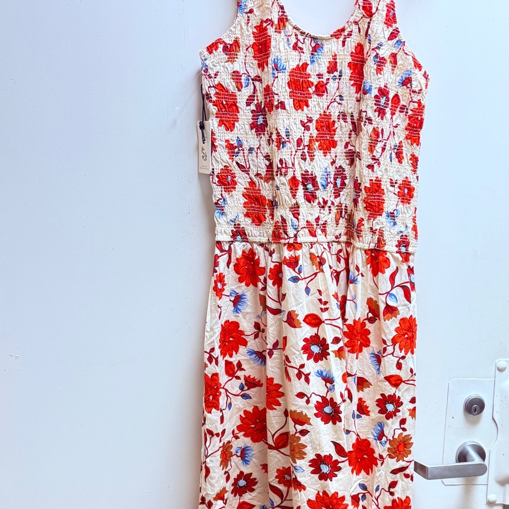 Sincerely Jules Floral Smocked Midi Dress Red Blue Cream Summer Boho NWT